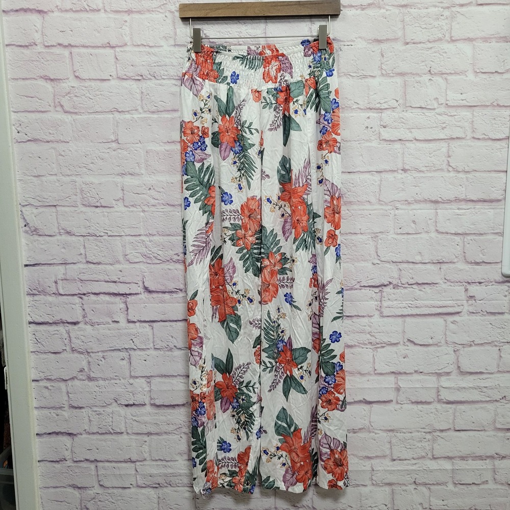 Uluwatu Floral High Slit Palazzo Pants L XL Smocked Wide Leg Tropical Resortwear